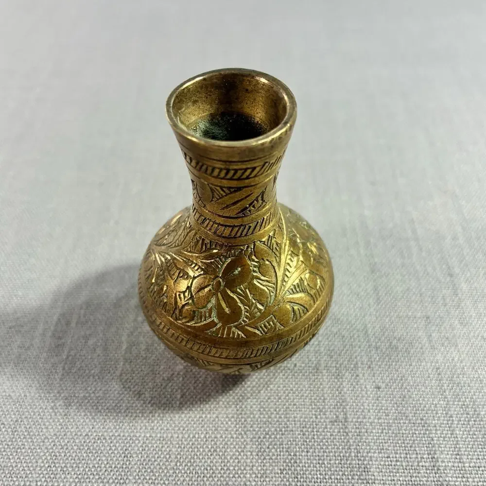 Vintage India Solid Brass Mini Candlestick Holder Hand Etched Floral 3